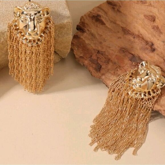 Gold Lion Head Earrings Tassel Fringe - Picture 2 of 4